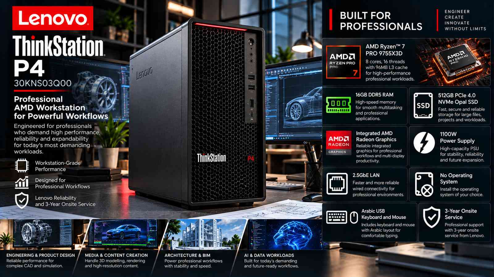 Lenovo ThinkStation P4 30KNS03Q00 Professional Workstation, AMD Ryzen 7 PRO 9755X3D, 16GB DDR5-5600, 512GB M.2 PCIe 4.0 NVMe SSD, AMD Radeon Graphics, 1100W PSU, Arabic Keyboard & Mouse, No OS | 30KNS03Q00